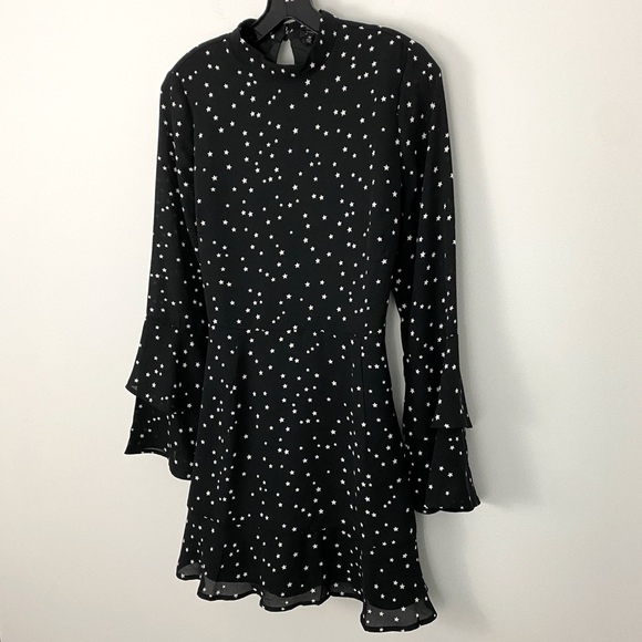 Lucky Brand size M Black with White Star Print Long Bell Sleeve Mini Dress - Picture 2 of 8